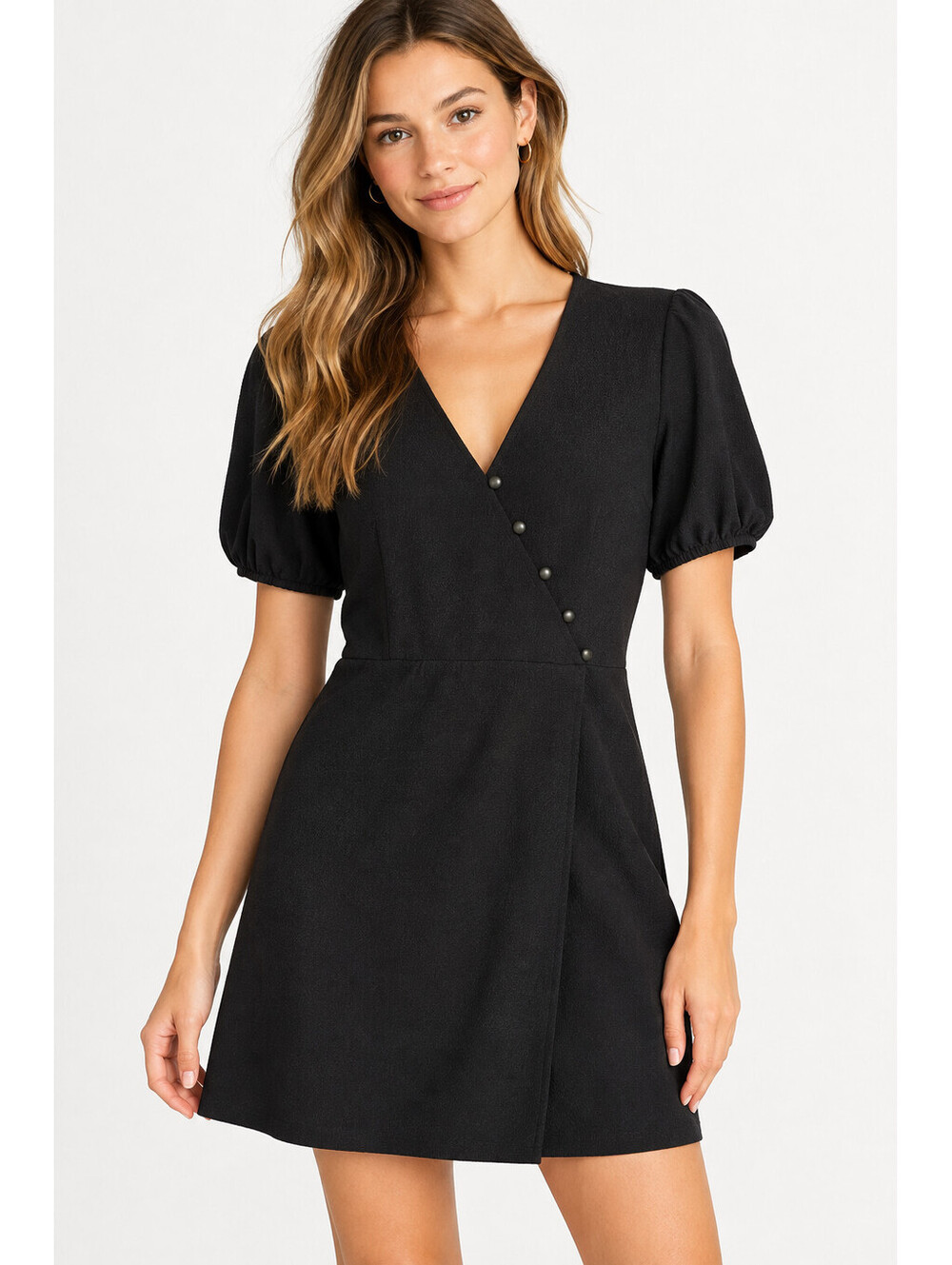 Madewell Women's Black Wrap Mini Dress Puff Sleeve Button Front Size S